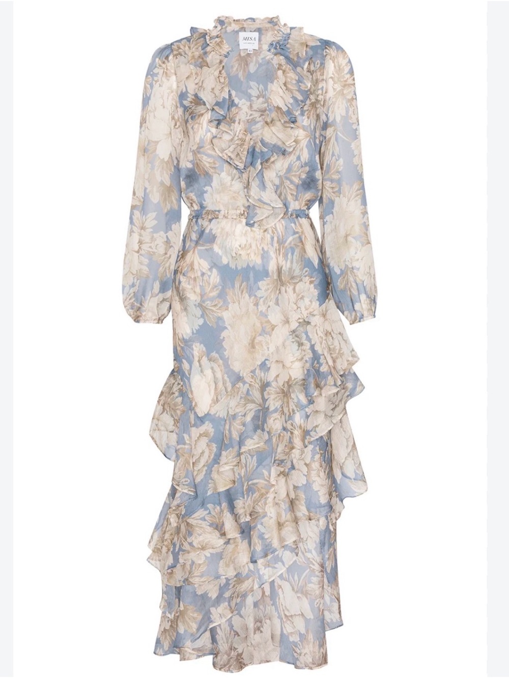 Misa Los Angeles Powder Blue and Cream Floral Ruffle Maxi Dress NWT